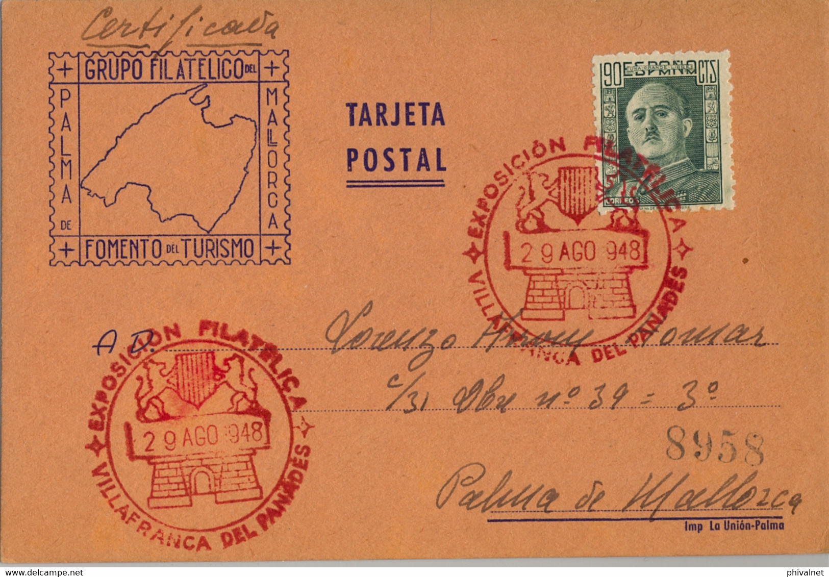 1948 , BARCELONA , TARJETA POSTAL CERTIFICADA A PALMA , LLEGADA AL DORSO , EXPOSICIÓN FILATÉLICA VILLAFRANCA DEL PENEDÉS - Storia Postale