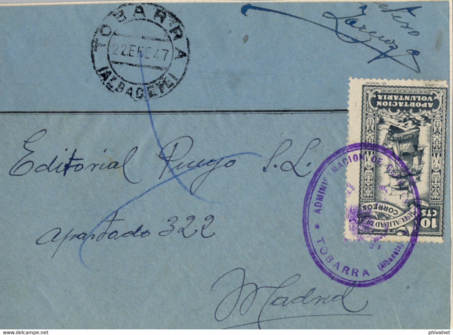 1947 , ALBACETE  , FRONTAL CIRCULADO ENTRE TOBARRA Y MADRID , MARCA DE LA ADMINISTRACIÓN DE CORREOS - Lettres & Documents