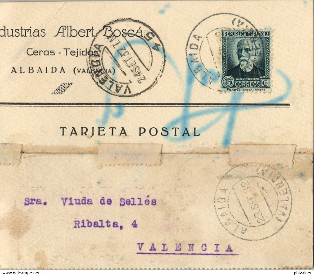 1932 VALENCIA , T.P. CIRCULADA ENTRE ALBAIDA Y VALENCIA , LLEGADA - Lettres & Documents