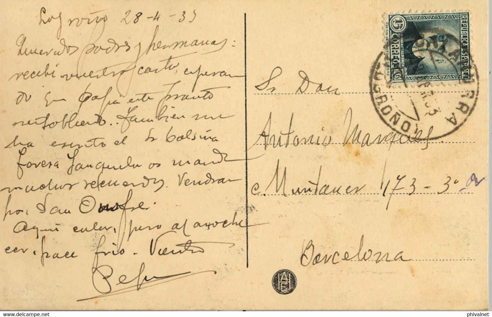 1933 LOGROÑO / LA RIOJA , T.P. CIRCULADA ENTRE CALAHORRA Y BARCELONA - Cartas & Documentos