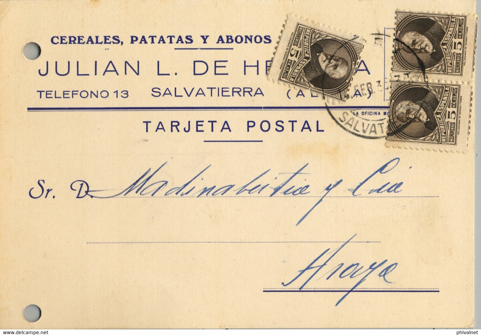 1935 ALAVA , T.P. COMERCIAL CIRCULADA DESDE SALVATIERRA - Lettres & Documents