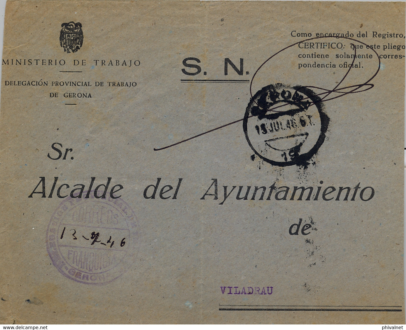 1946 GERONA , SOBRE CIRCULADO CON FRANQUICIA DE LA DELEGACIÓN PROVINCIAL DE TRABAJO - Lettres & Documents