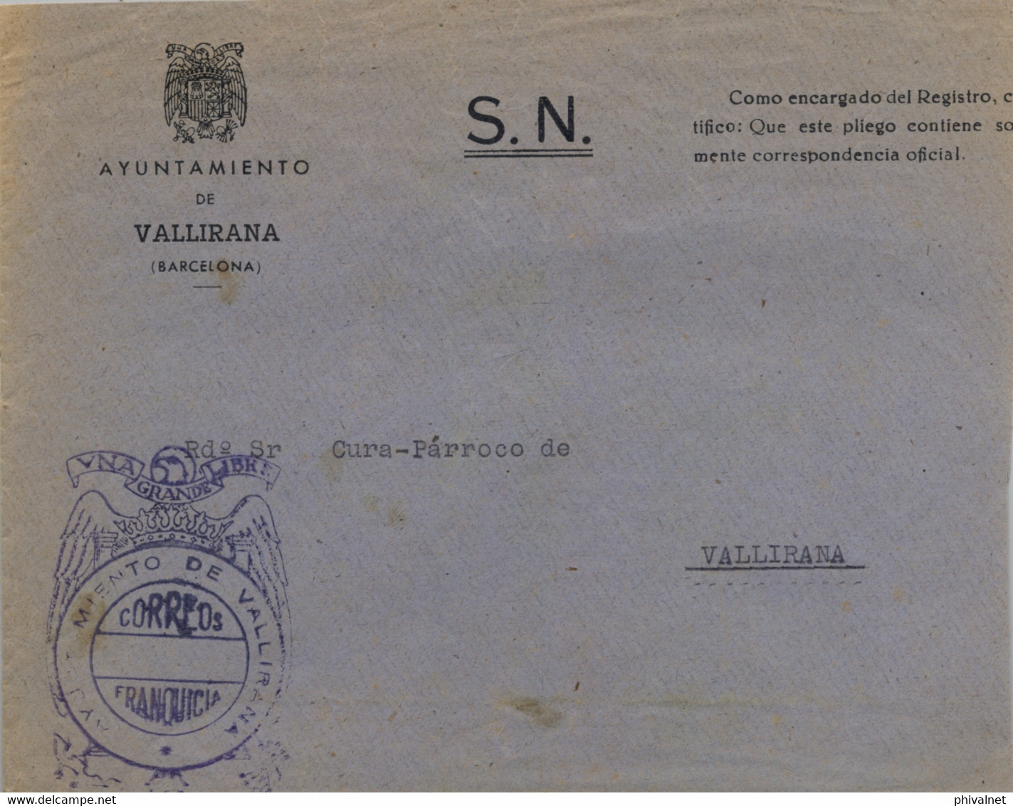 BARCELONA , SOBRE CIRCULADO CON FRANQUICIA DEL AYUNTAMIENTO DE VALLIRANA - Storia Postale