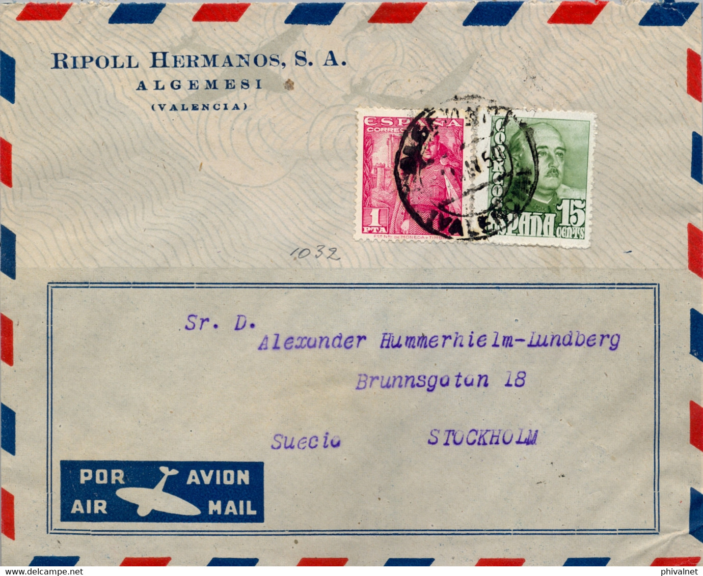 1950 VALENCIA , SOBRE CIRCULADO ENTRE ALGEMESÍ Y ESTOCOLMO , CORREO AÉREO - Briefe U. Dokumente
