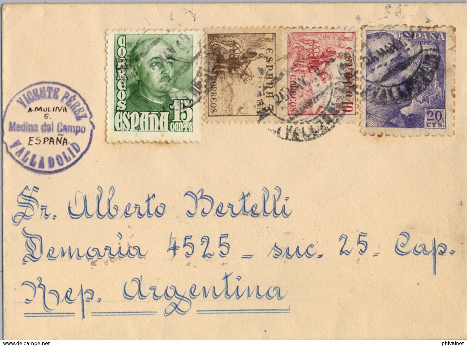 1949 VALLADOLID , SOBRE CIRCULADO ENTRE MEDINA DEL CAMPO Y BUENOS AIRES , LLEGADA AL DORSO - Briefe U. Dokumente