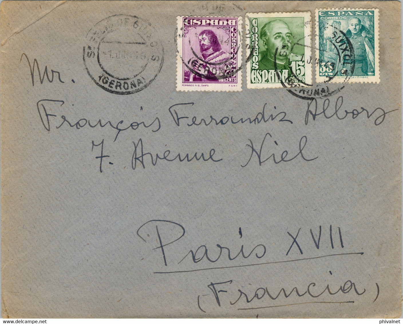 1949 GERONA , SOBRE CIRCULADO ENTRE SAN FELIÚ DE GUIXOLS Y PARIS - Briefe U. Dokumente