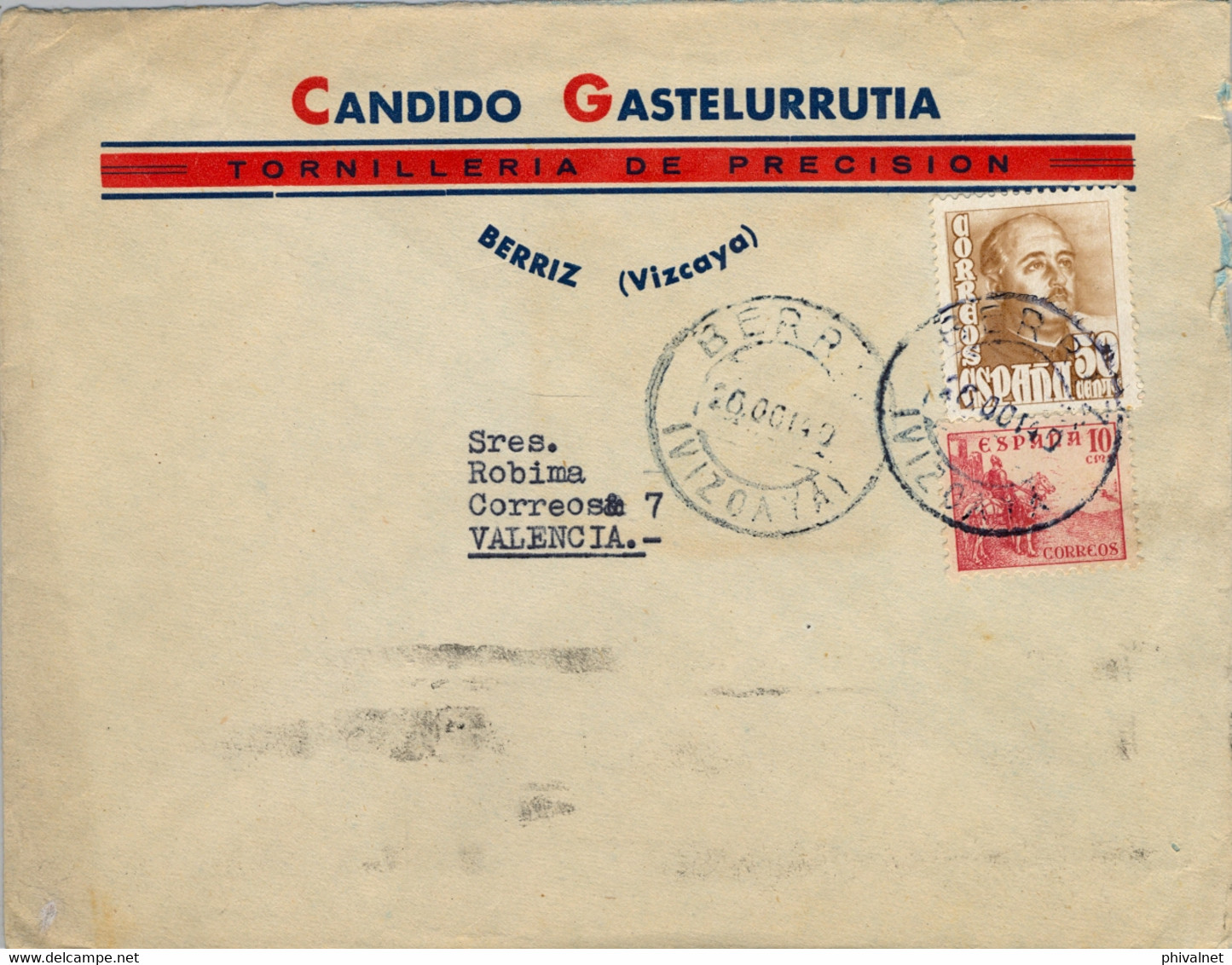 1949 VIZCAYA , SOBRE COMERCIAL CIRCULADO ENTRE BERRIZ Y VALENCIA , LLEGADA - Storia Postale