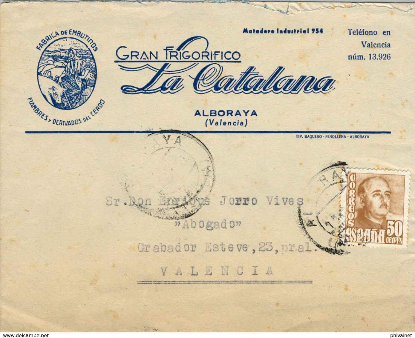 1950 VALENCIA  , SOBRE COMERCIAL CIRCULADO ENTRE ALBORAYA Y VALENCIA , LLEGADA - Lettres & Documents