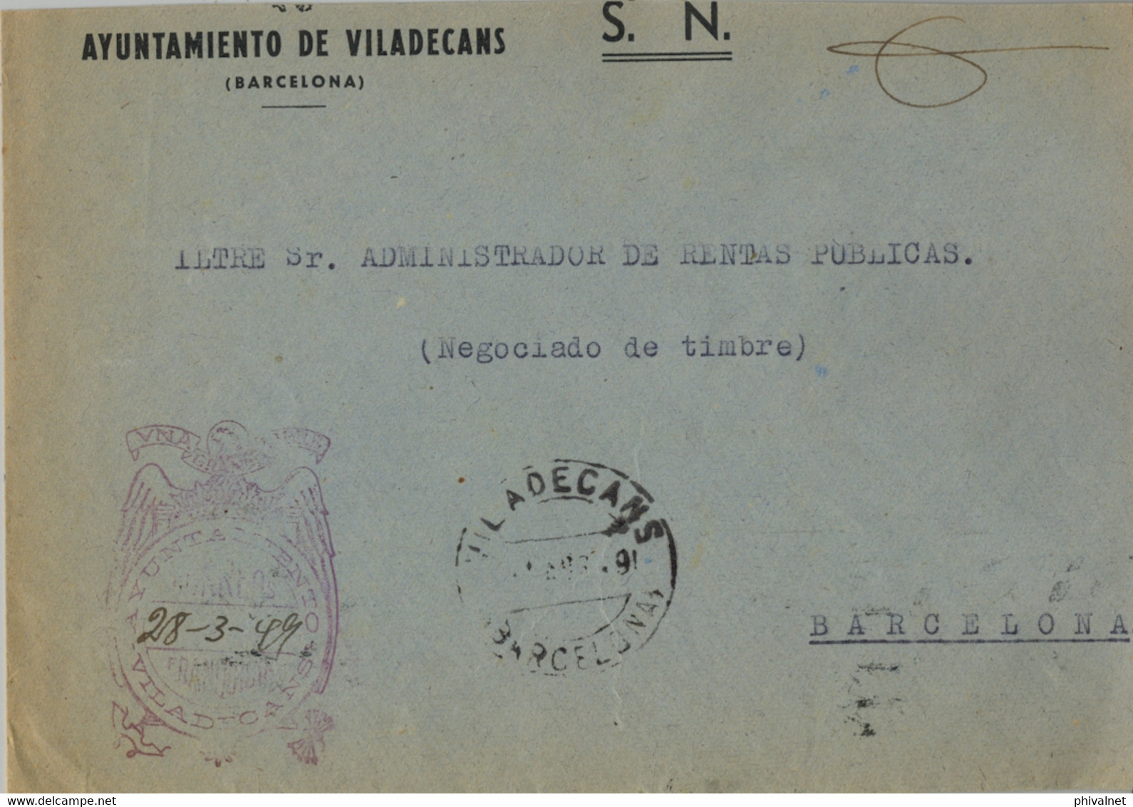 1949 BARCELONA  , SOBRE COMERCIAL CIRCULADO ENTRE VILADECANS Y BARCELONA , FRANQUICIA DEL AYUNTAMIENTO , LLEGADA - Lettres & Documents