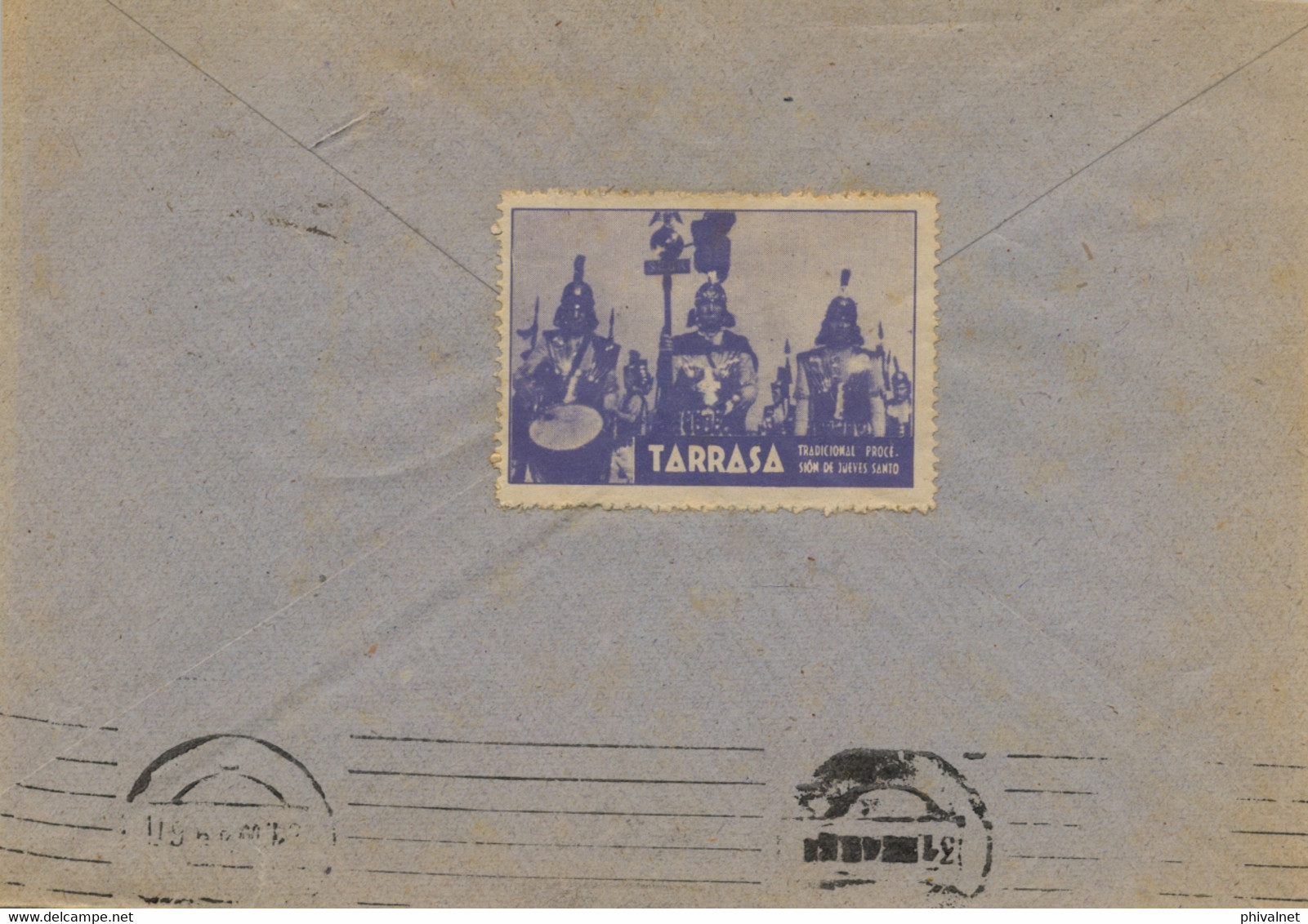 1949 BARCELONA  , SOBRE  CIRCULADO ENTRE TARRASA Y BARCELONA , FRANQUICIA DEL AYUNTAMIENTO , VIÑETA SEMANA SANTA - Brieven En Documenten