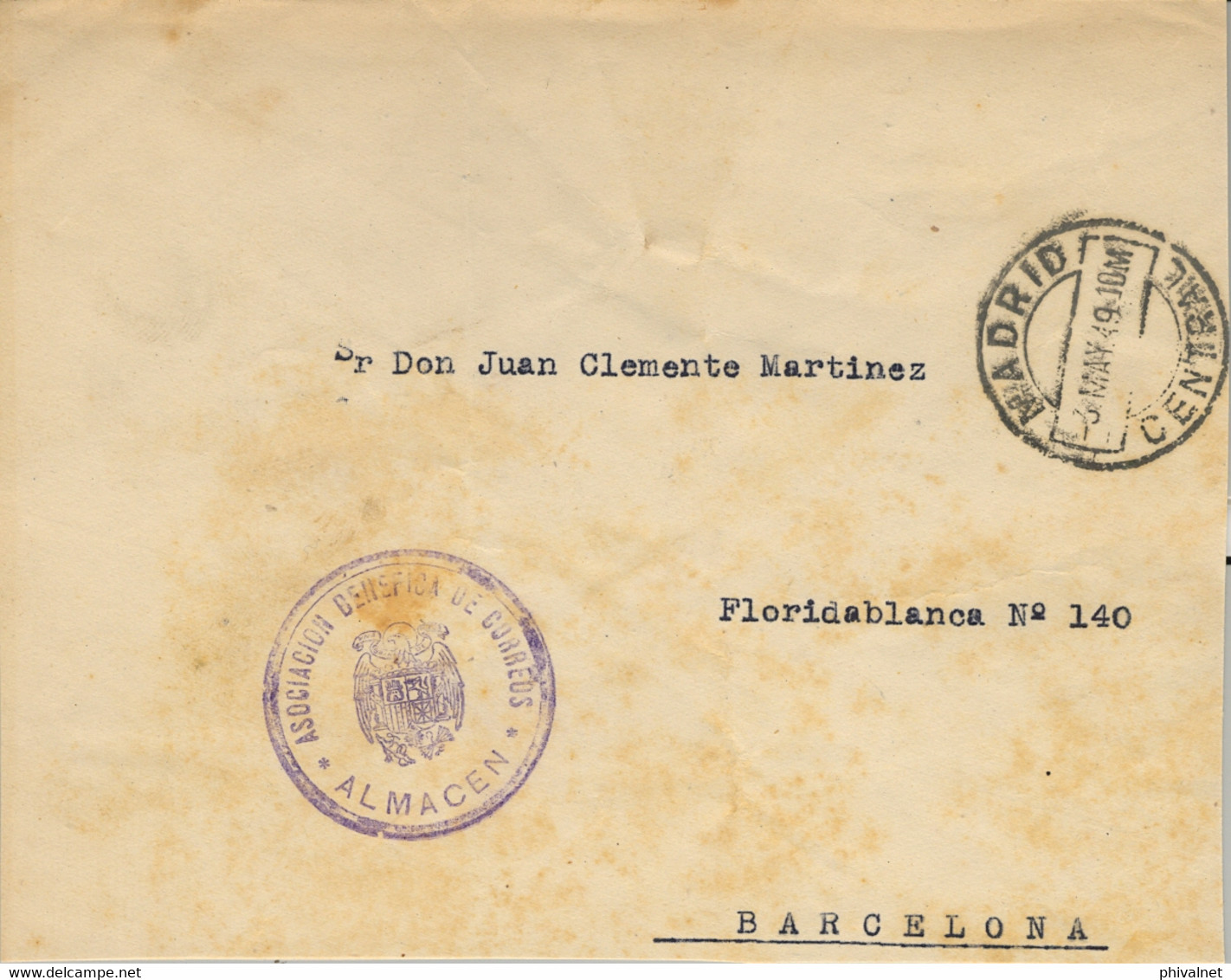 1949 MADRID / CENTRAL   , SOBRE  CIRCULADO CON FRANQUICIA DE LA ASOCIACIÓN BENÉFICA DE CORREOS / ALMACÉN - Covers & Documents