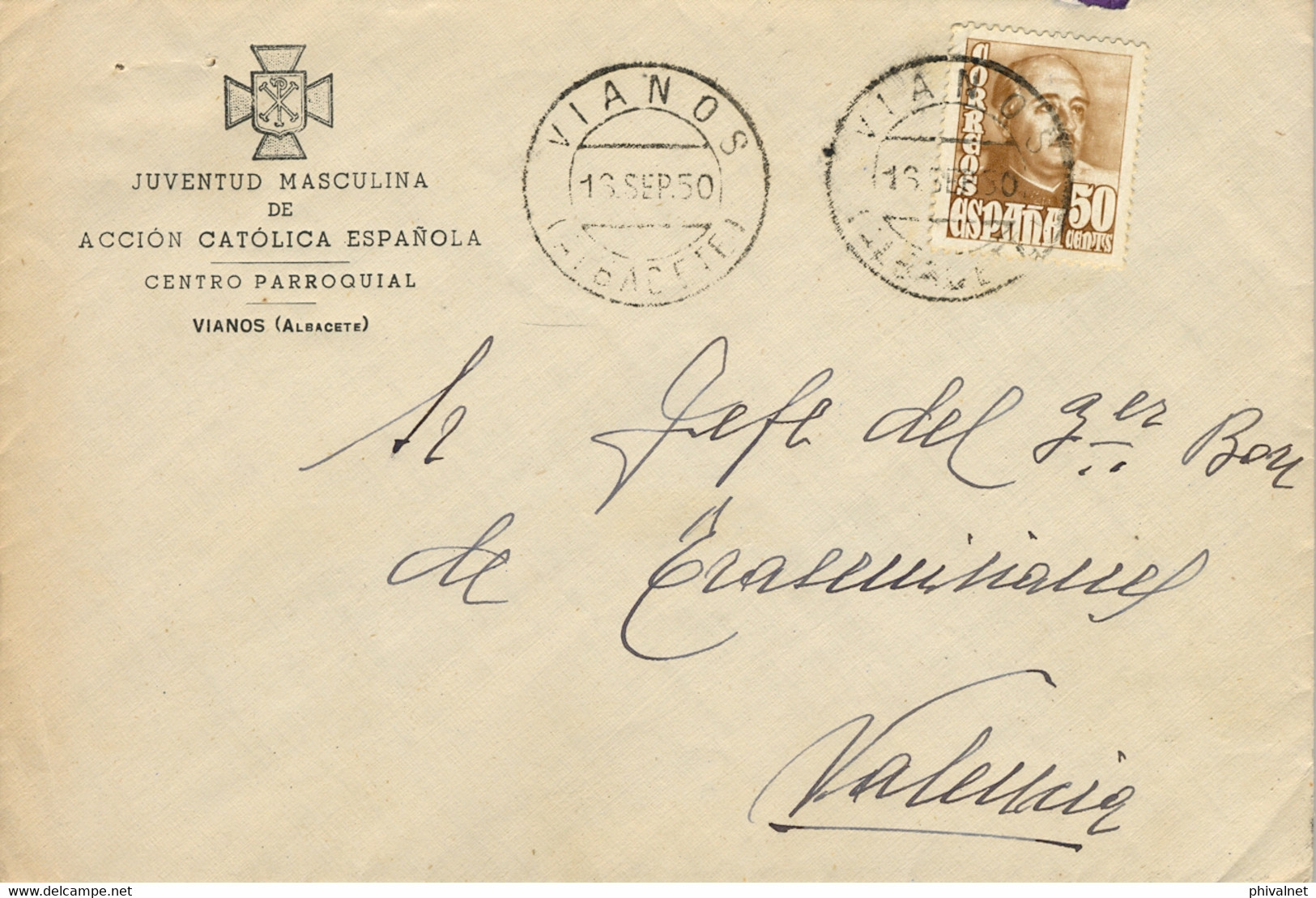 1950 ALBACETE   , SOBRE  CIRCULADO ENTRE VIANOS Y VALENCIA , LLEGADA AL DORSO , JUVENTUD MASCULINA DE ACCIÓN CATÓLICA - Lettres & Documents