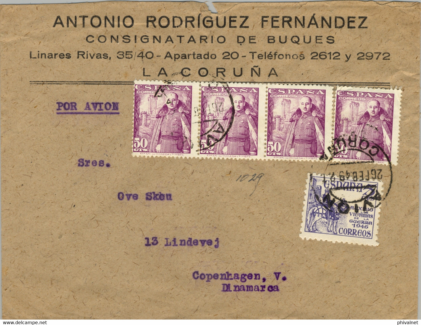 1949 CORUÑA / AVIÓN , SOBRE COMERCIAL CIRCULADO A COPENHAGUE - Covers & Documents