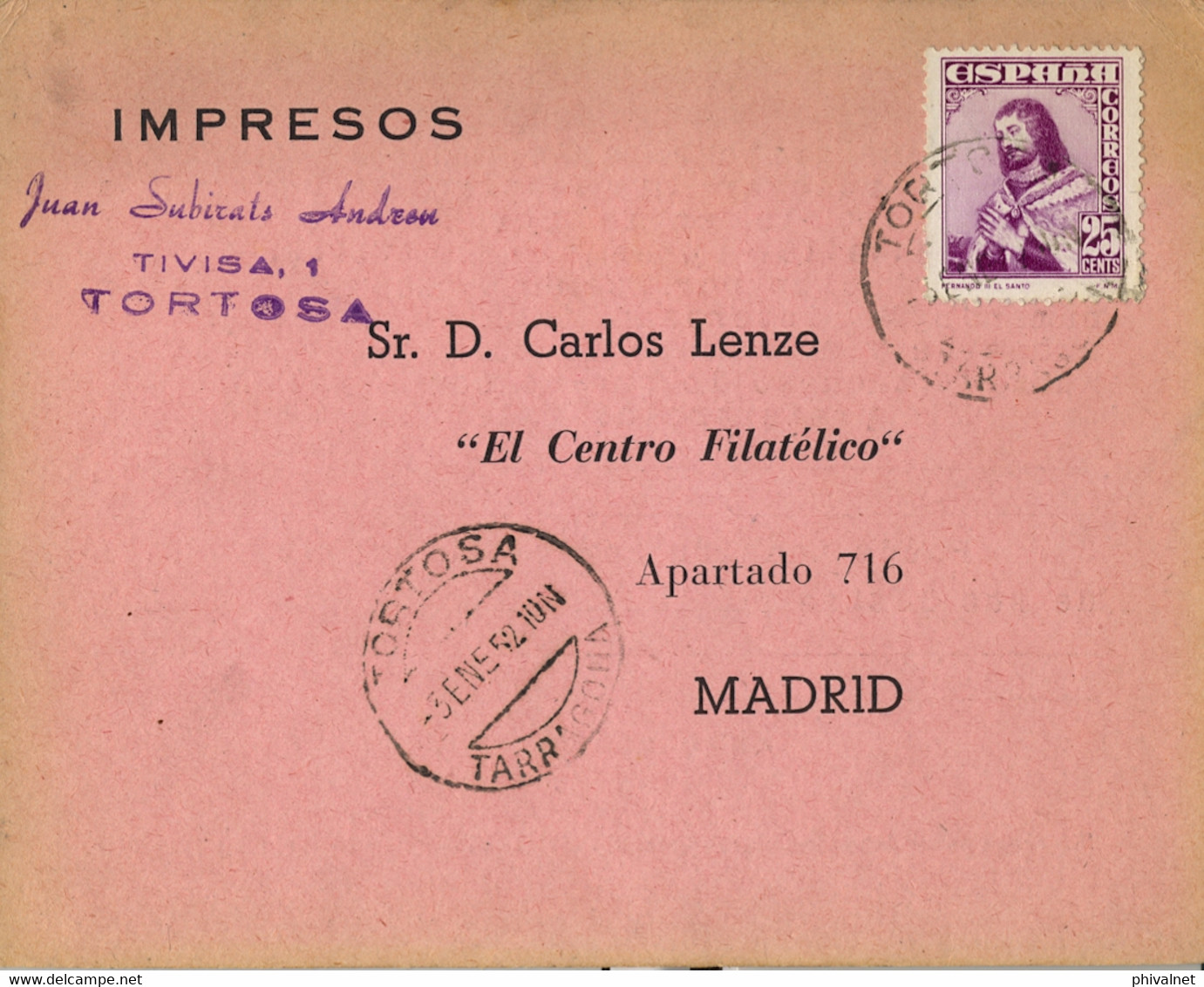 1952 TARRAGONA , TARJETA POSTAL CIRCULADA , IMPRESOS , TORTOSA -MADRID , LLEGADA - Storia Postale
