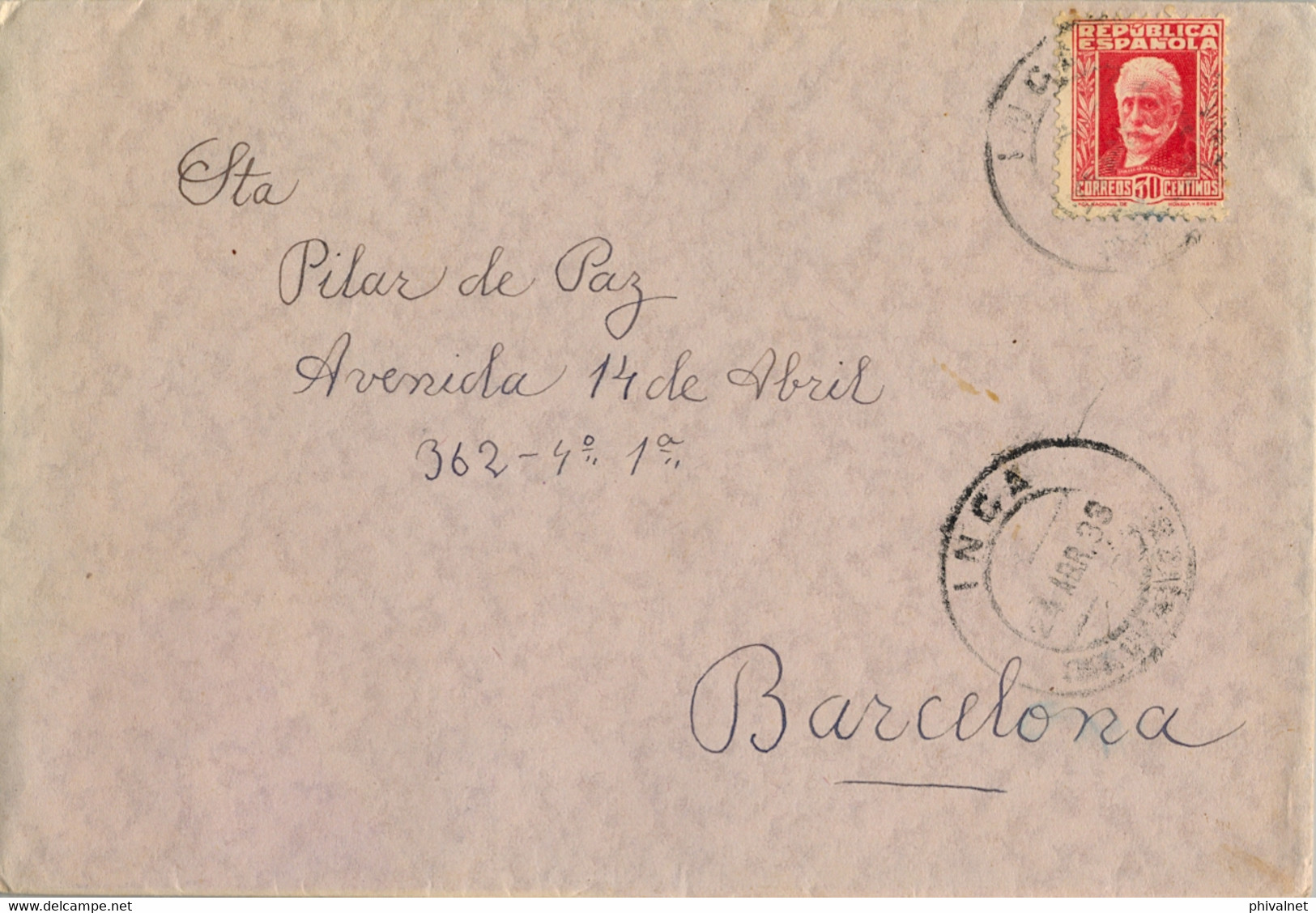 1933 BALEARES , SOBRE CIRCULADO ENTRE INCA Y BARCELONA - Storia Postale