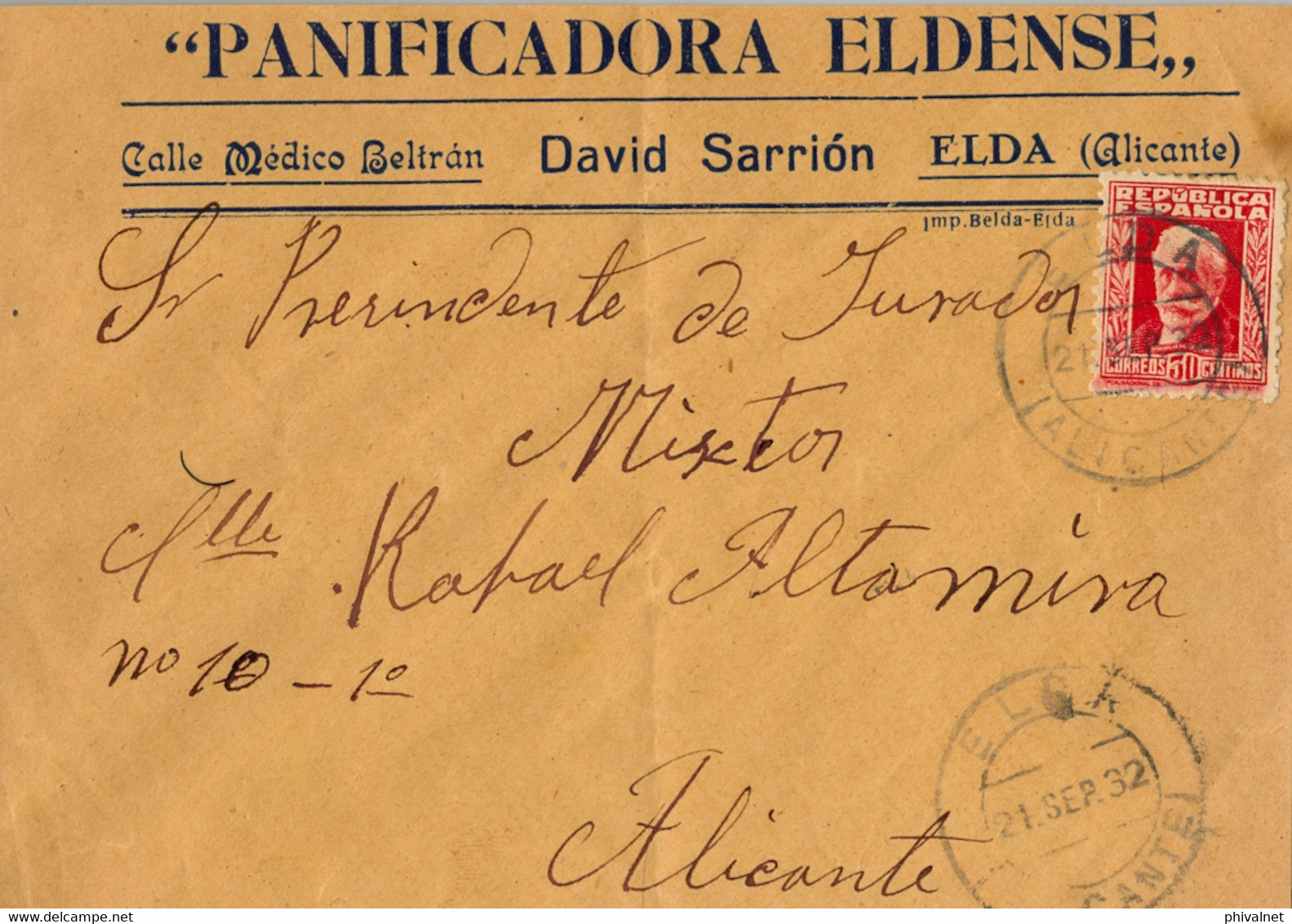 1932 ALICANTE , SOBRE COMERCIAL CIRCULADO ENTRE ELDA Y ALICANTE , PANIFICADORA ELDENSE , LLEGADA MUY TENUE - Lettres & Documents