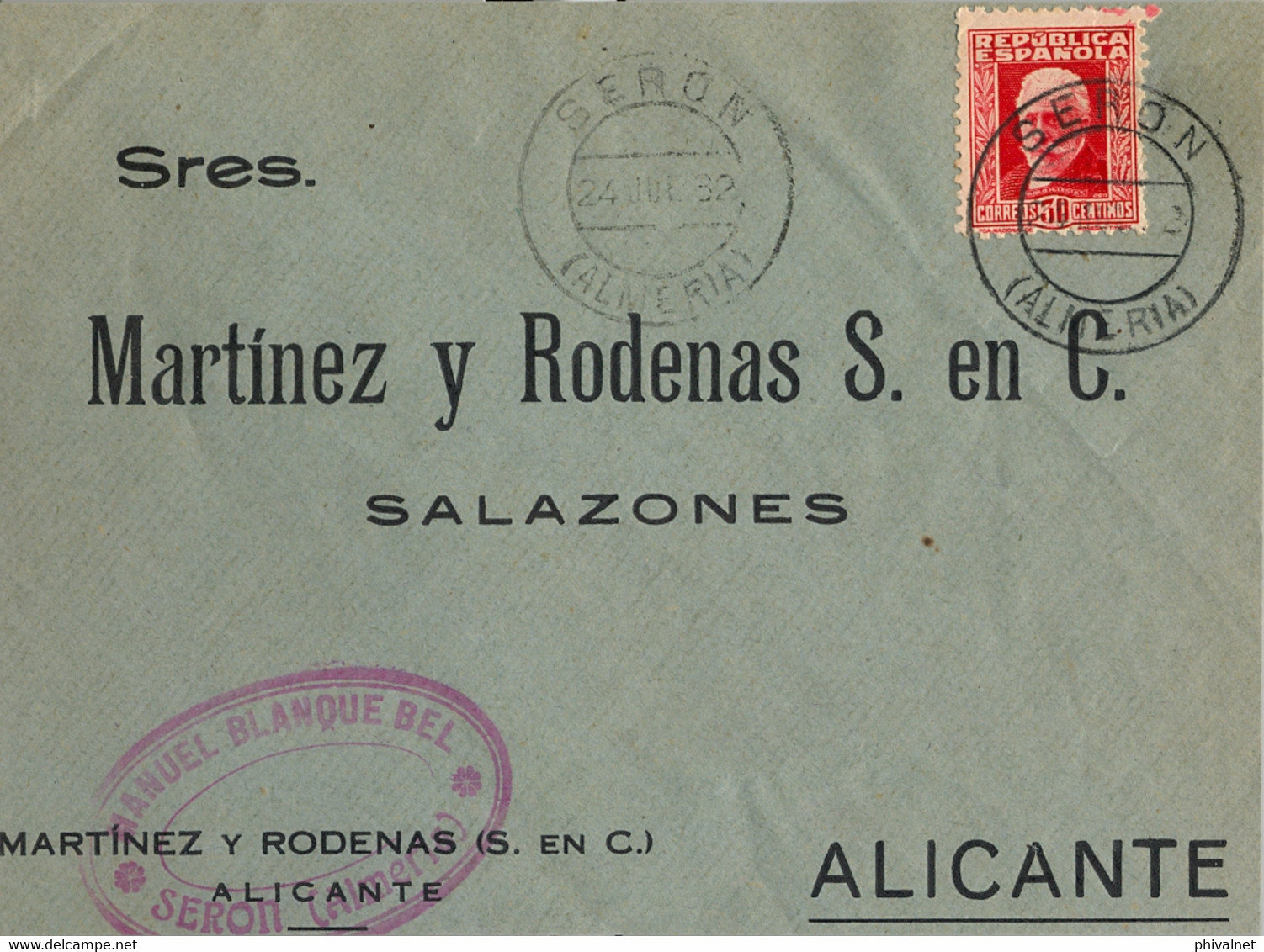 1932 ALMERIA , SOBRE COMERCIAL CIRCULADO ENTRE SERÓN Y ALICANTE , LLEGADA MUY TENUE AL DORSO - Lettres & Documents