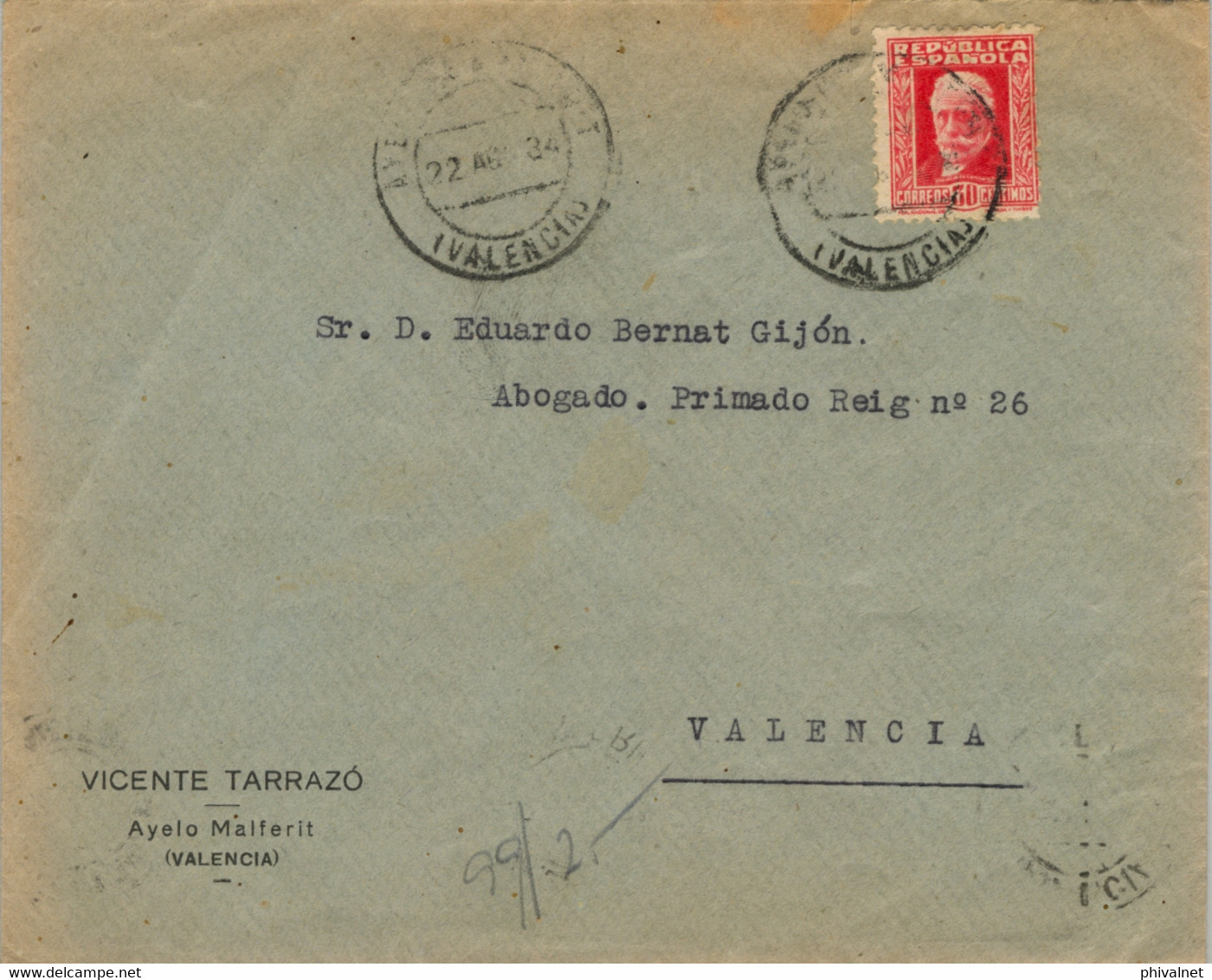 1934 VALENCIA , SOBRE CIRCULADO ENTRE AYELO MALFERIT  Y VALENCIA , LLEGADA CARTERIA AL DORSO - Lettres & Documents