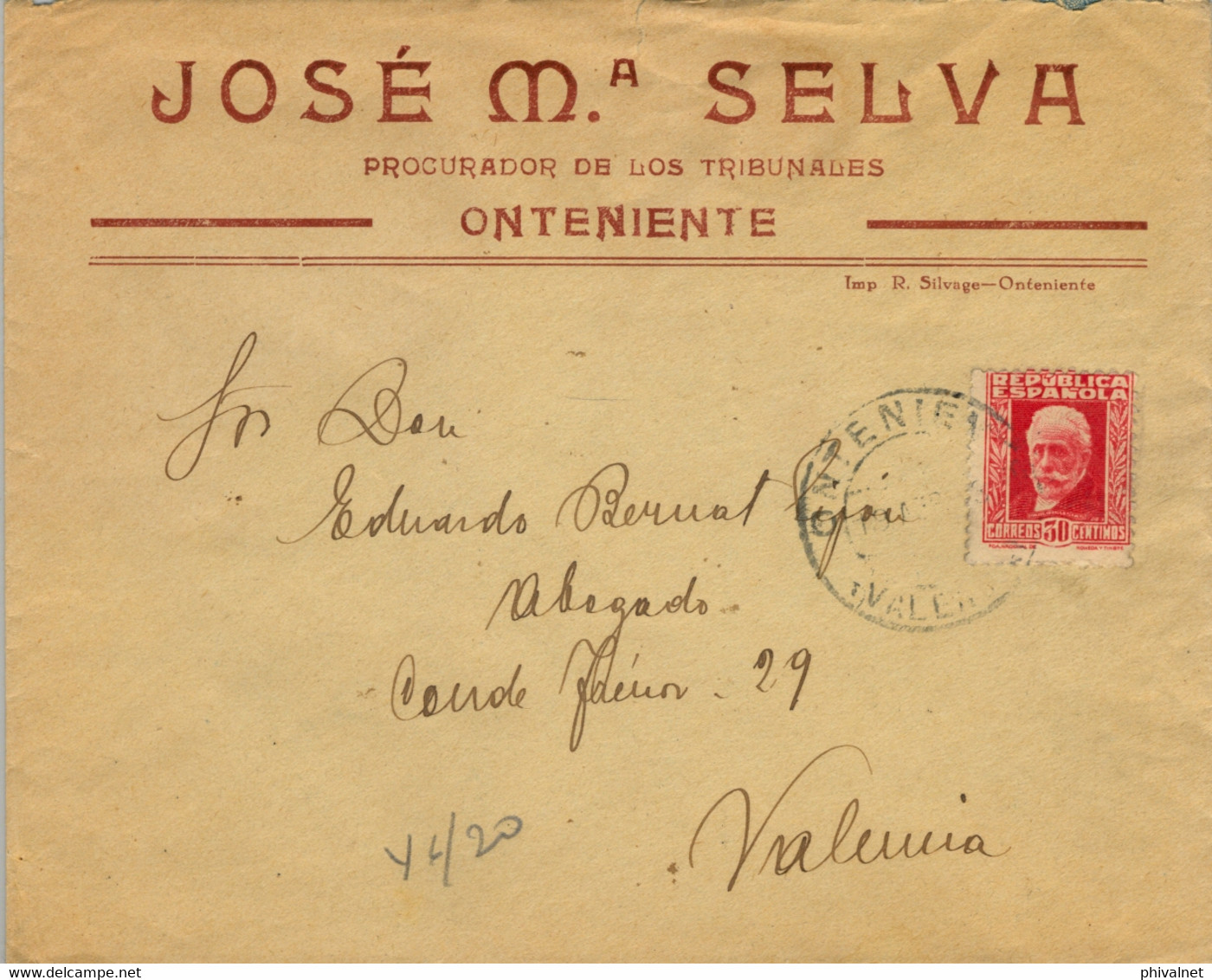 VALENCIA , SOBRE COMERCIAL CIRCULADO ENTRE ONTENIENTE Y VALENCIA - Lettres & Documents