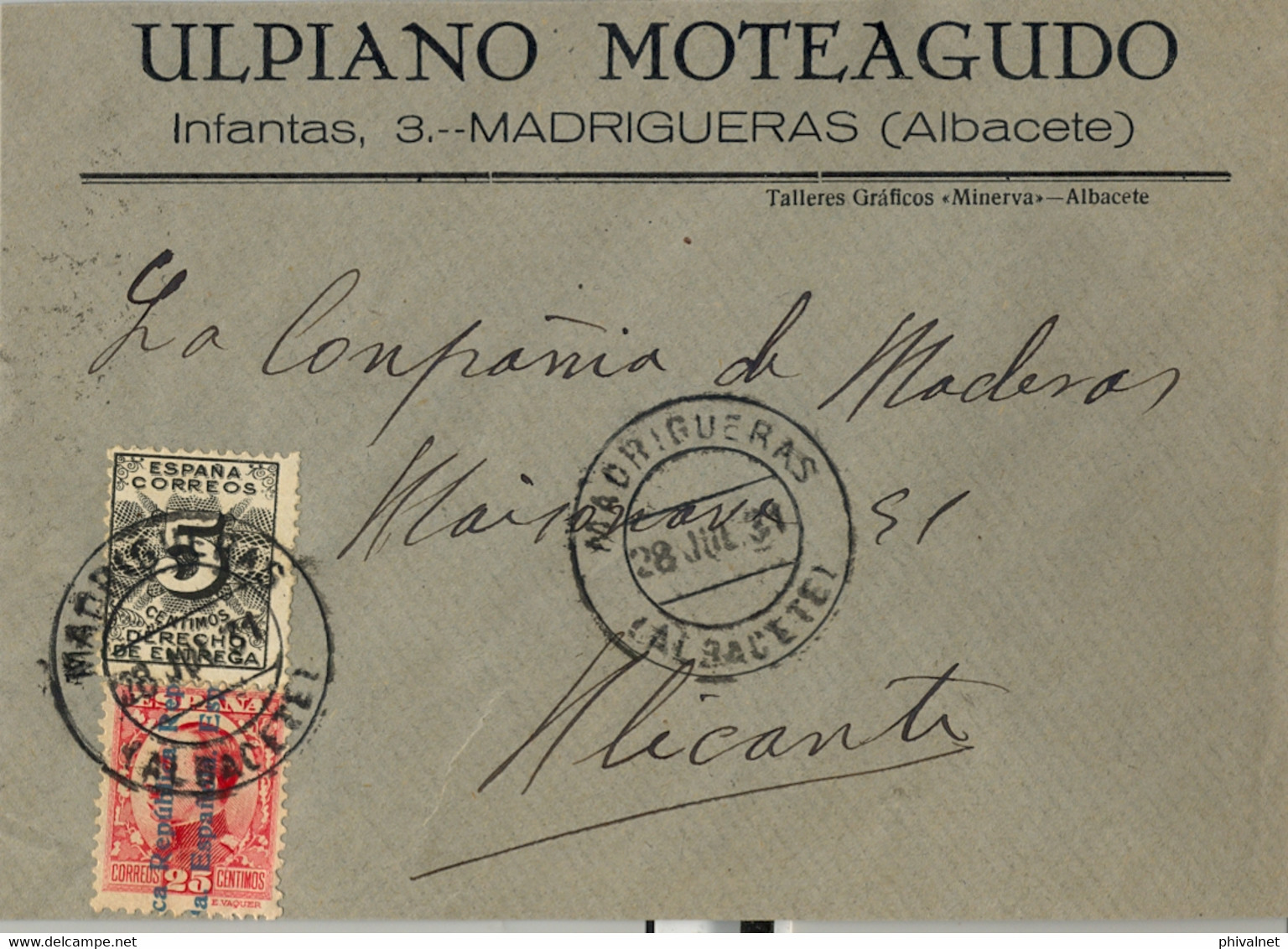 1931 ALBACETE  , SOBRE CIRCULADO ,  MADRIGUERAS - ALICANTE , LLEGADA , DERECHO DE ENTREGA - Covers & Documents