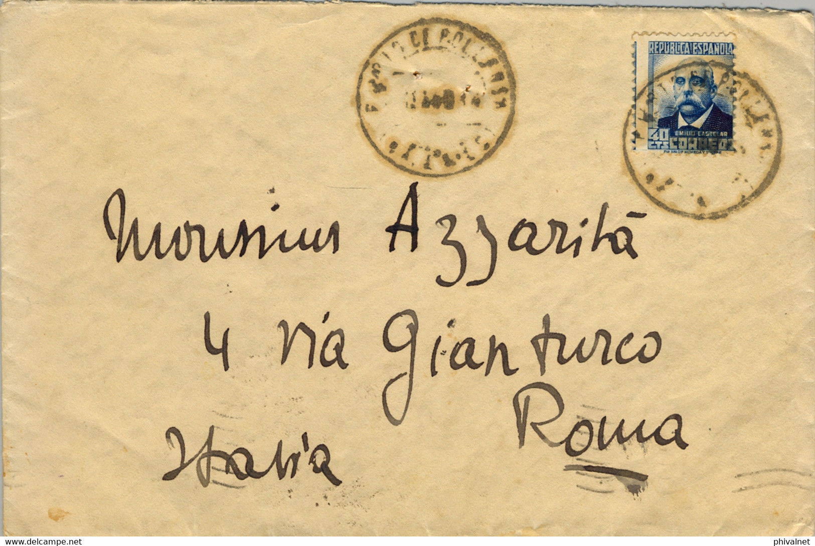 1934 BALEARES  , SOBRE CIRCULADO ,  PUERTO DE POLLENSA - ROMA , LLEGADA AL DORSO - Covers & Documents