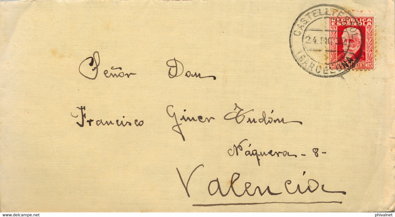 1932 BARCELONA  , SOBRE CIRCULADO ,  CASTELLTERSOL - VALENCIA - Lettres & Documents