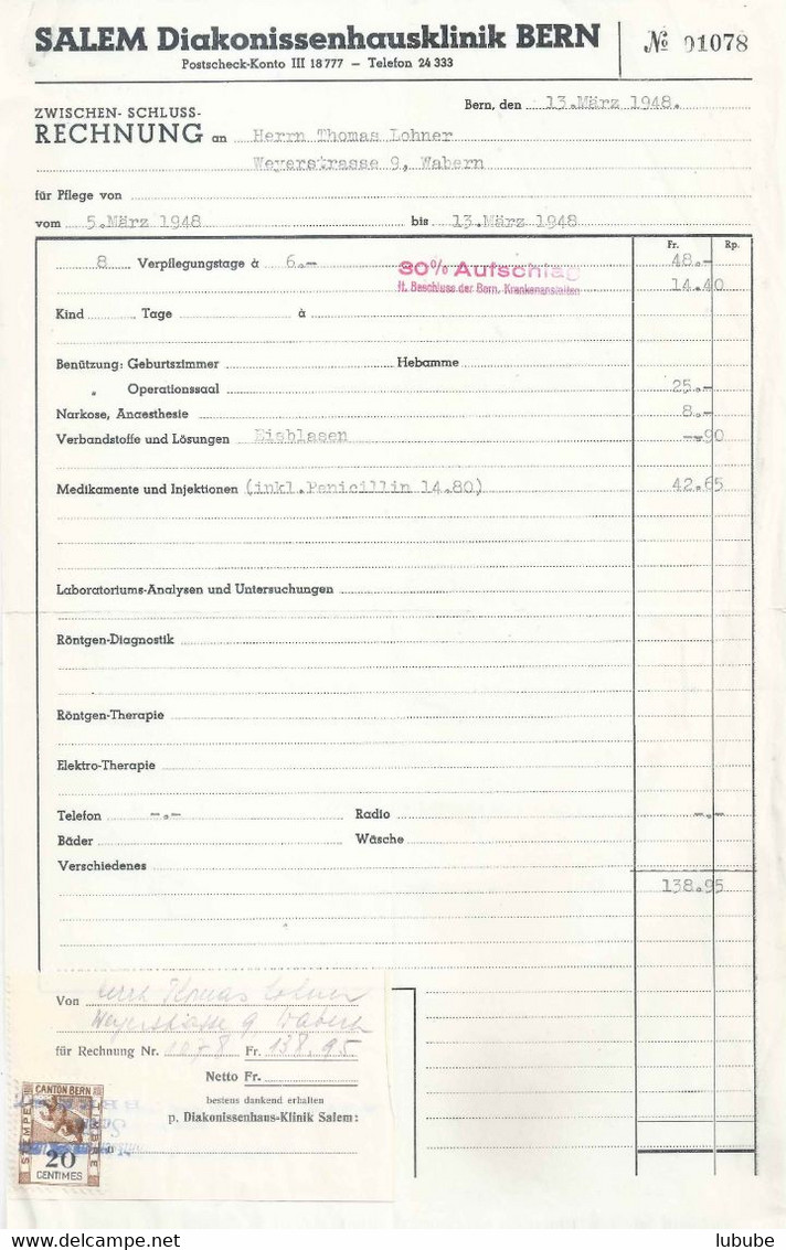 Rechnung  "Salem Diakonissenhausklinik Bern"        1948 - Suisse