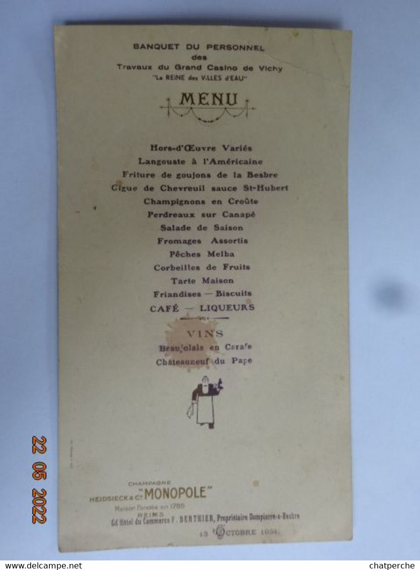 MENU  LE 13/101934 GRAND HOTEL DU COMMERCE DOMPIERRE SUR  BESBRE 03 ALLIER - Menus