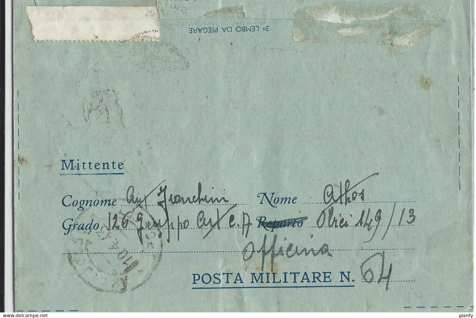 BIGLIETTO FRANCHIGIA POSTA MILITARE 64 1943 CAURO AJACCIO CORSICA X ZANCONA - Military Mail (PM)