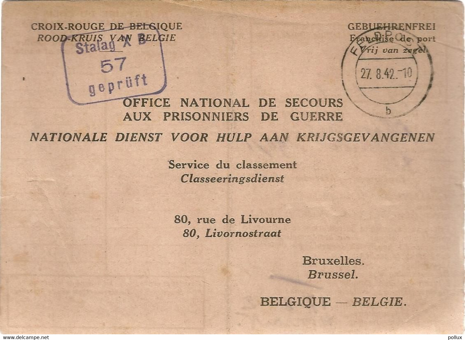 Kriegsgefangenenpost Prisonnier De Guerre Stalag X B Sandbostel Croix Rouge Red Cross Envoi De Colis Jodoigne Feldpost - Weltkrieg 1939-45 (Briefe U. Dokumente)