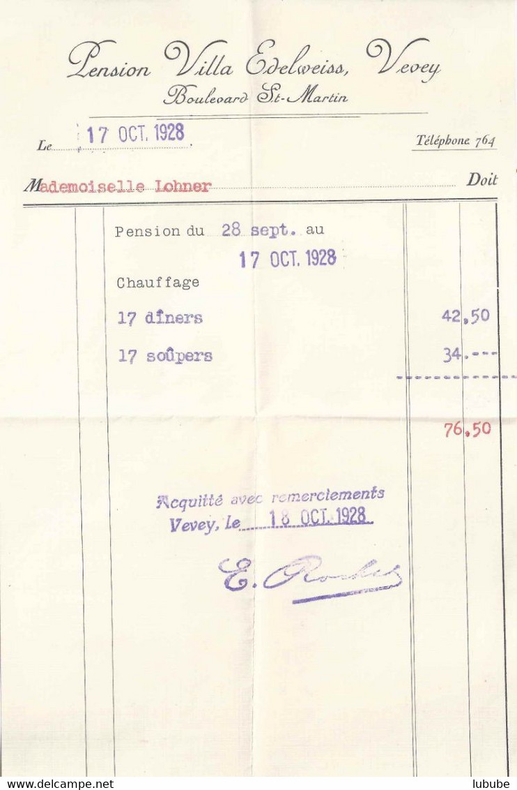 Rechnung  "Pension Villa Edelweiss, Vevey"         1928 - Suisse