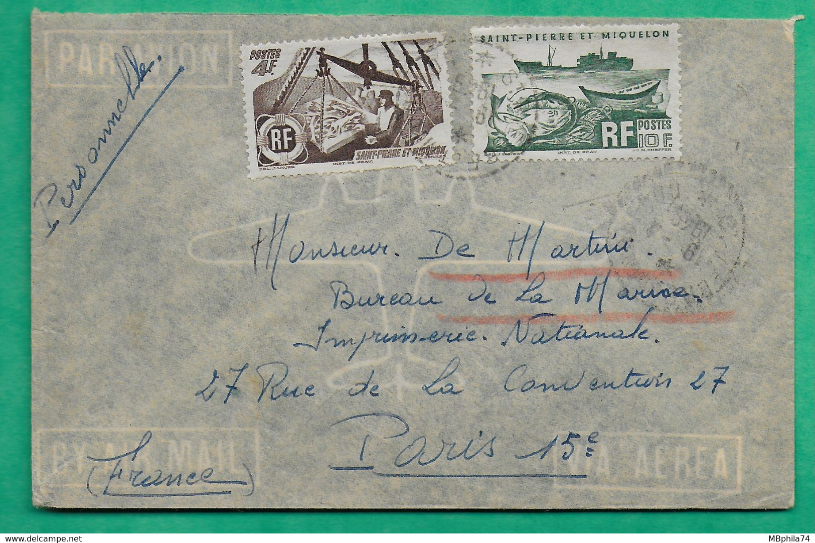 YT N°337 + 340 ST PIERRE ET MIQUELON LETTRE PAR AVION POUR PARIS 1949 LETTRE COVER FRANCE - Gebraucht