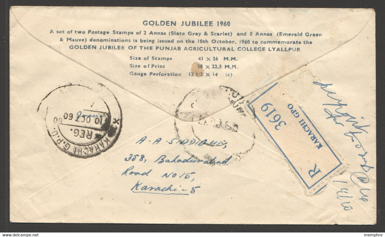 1960   Punjab Agriculture College Golden Jubilee   SG 114-5    Registered FDC - Pakistán