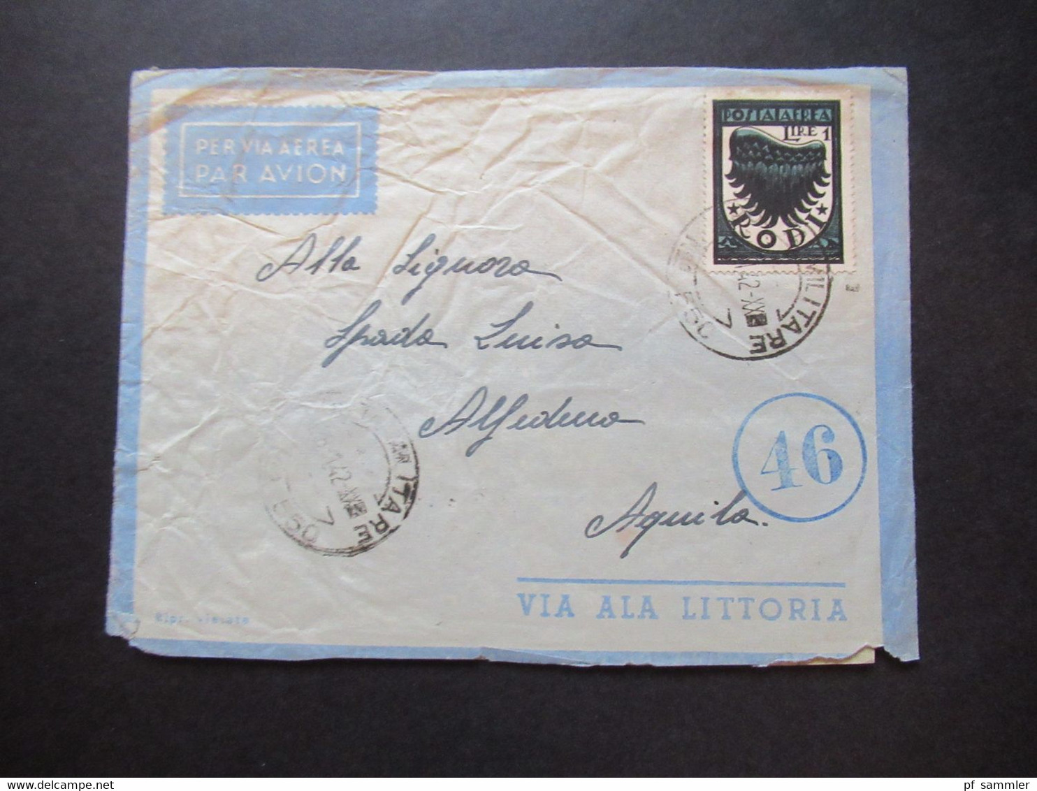 Rodi 1942 Rodos Marke 1 Lire Posta Aerea Via ALA Littoria Zensurstreifen / Zensurstempel ABS Posta Militare 550 / E - Ägäis (Rodi)