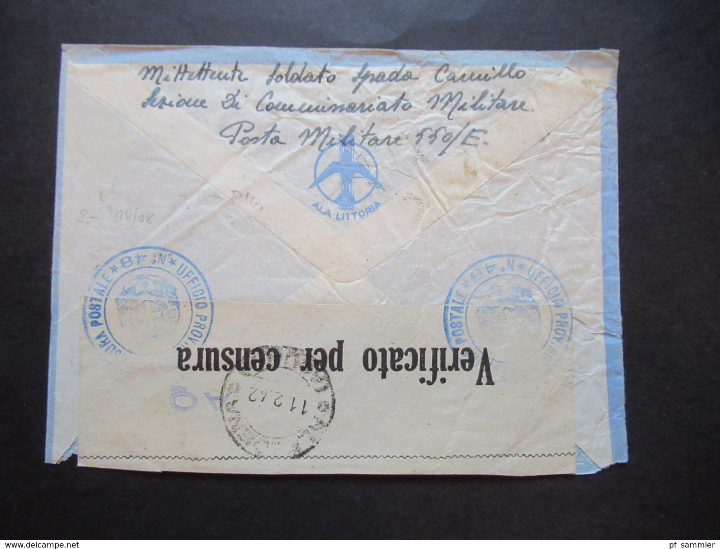 Rodi 1942 Rodos Marke 1 Lire Posta Aerea Via ALA Littoria Zensurstreifen / Zensurstempel ABS Posta Militare 550 / E - Aegean (Rodi)