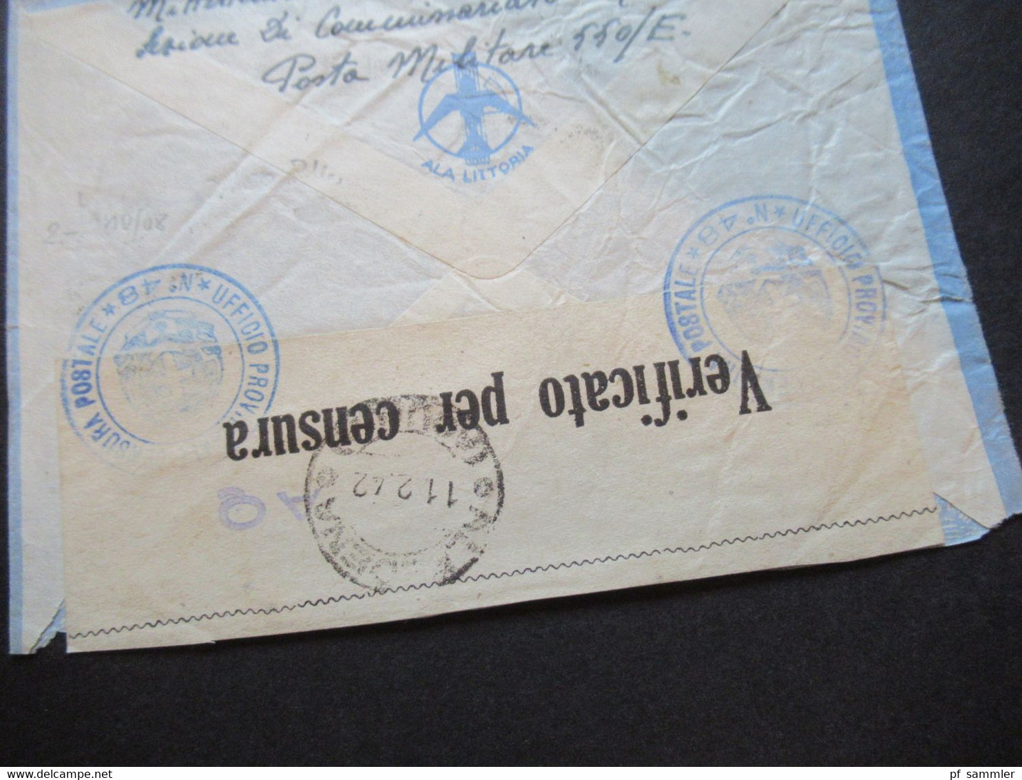 Rodi 1942 Rodos Marke 1 Lire Posta Aerea Via ALA Littoria Zensurstreifen / Zensurstempel ABS Posta Militare 550 / E