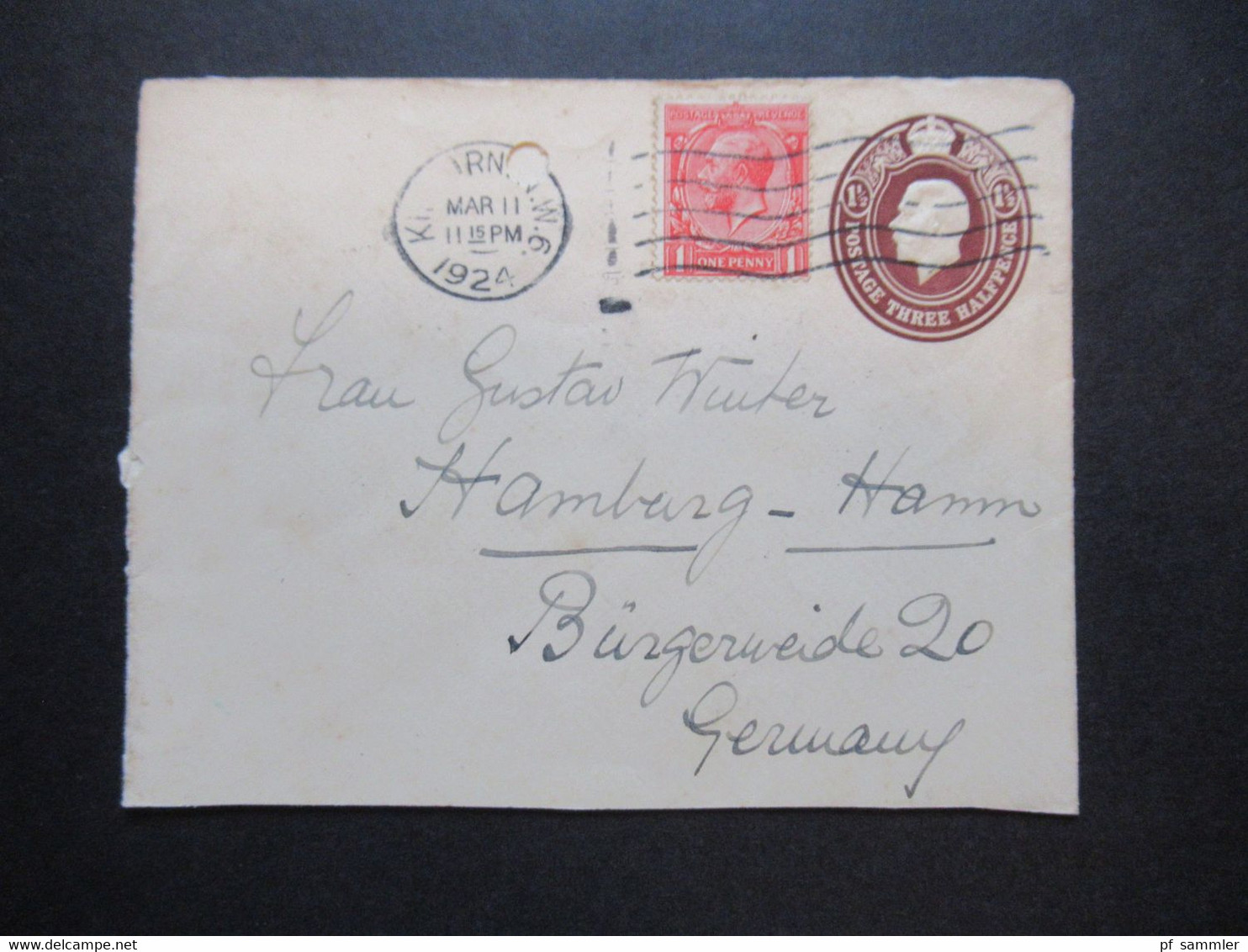 GB 1924 GA Umschlag Mit Zusatzfrankatur Rücks. Verschluss Zettel Postamt Hamburg 25 Und Handschriftlicher Vermerk! - Storia Postale