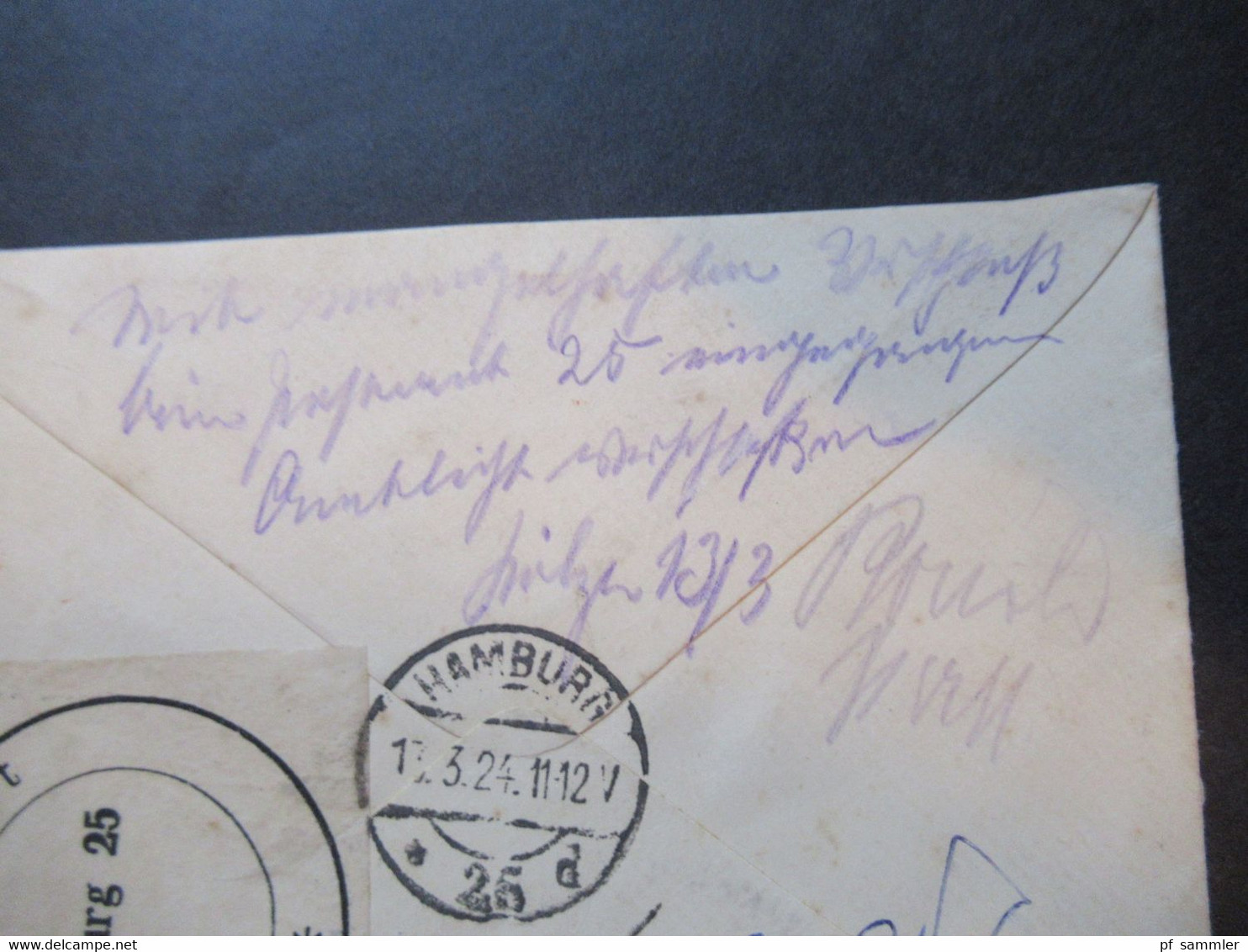 GB 1924 GA Umschlag Mit Zusatzfrankatur Rücks. Verschluss Zettel Postamt Hamburg 25 Und Handschriftlicher Vermerk! - Storia Postale