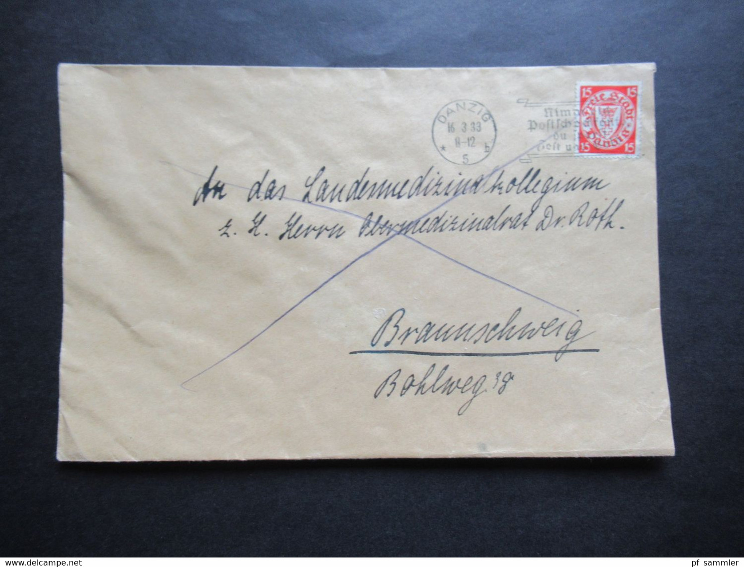DR Danzig 1933 Staatswappen EF An Das Landesmedizinalkollegium Herrn Obermedizinalrat Dr. Roth In Braunschweig - Storia Postale