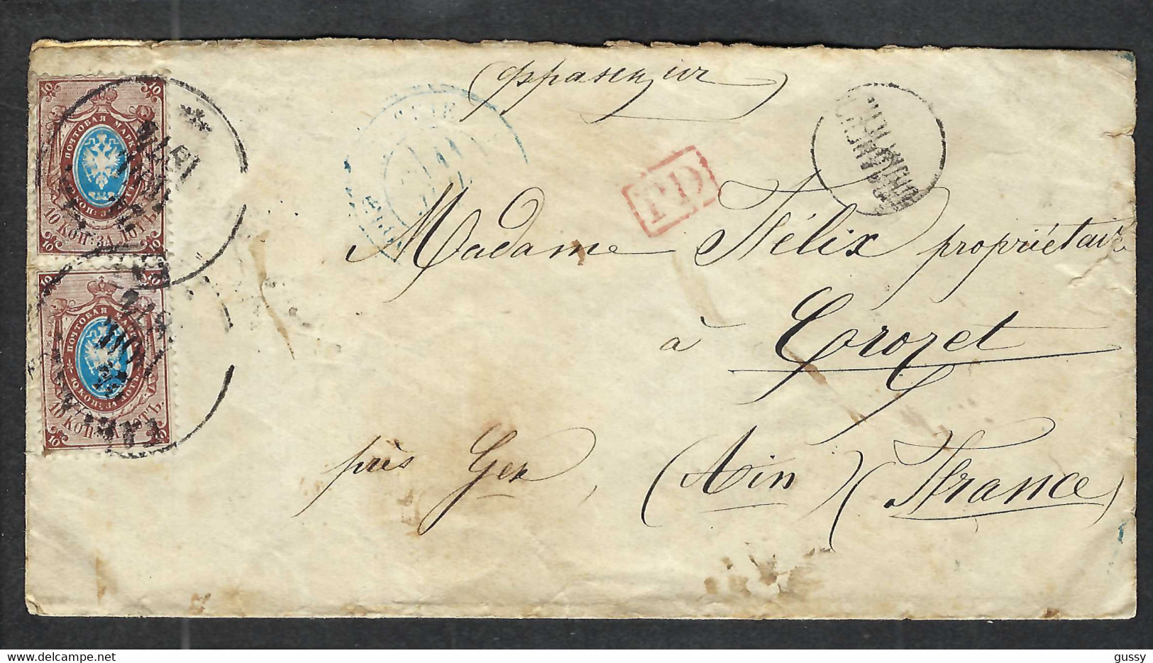 RUSSIE 1874:  LSC De St Petersbourg Pour Crozet (Ain, France) Affr. De 20k, Obl. CAD Bleu D'entrée En France - Storia Postale