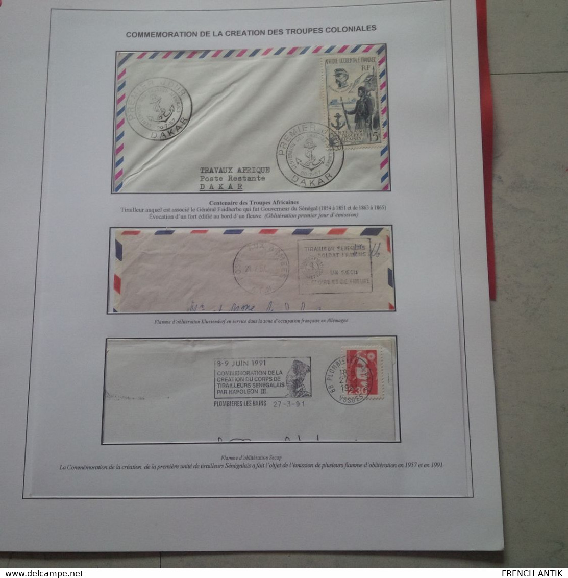 FEUILLE LETTRE PREMIER JOUR DAKAR POSTE RESTANTE MILITARIA 1957 ET 2 FLAMME TIRAILLEUR 1954 ET 1991 - Otros & Sin Clasificación