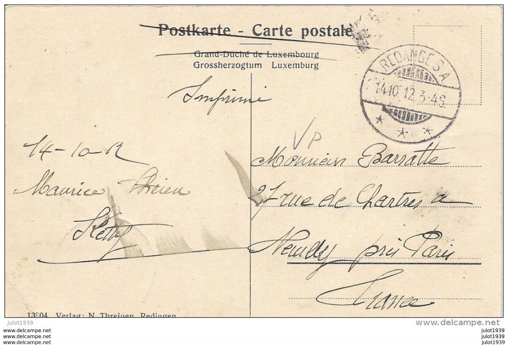 REDANGE - SUR - ATTERT ..-- 1912 Vers NEUILLY ( Mr BARRATTE ) .  Voir Verso . - Dudelange