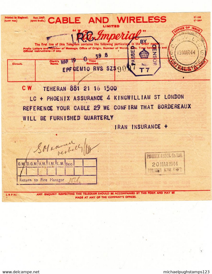 G.B. / Telegrams / Censorship / Cable + Wireless / Insurance - Non Classés