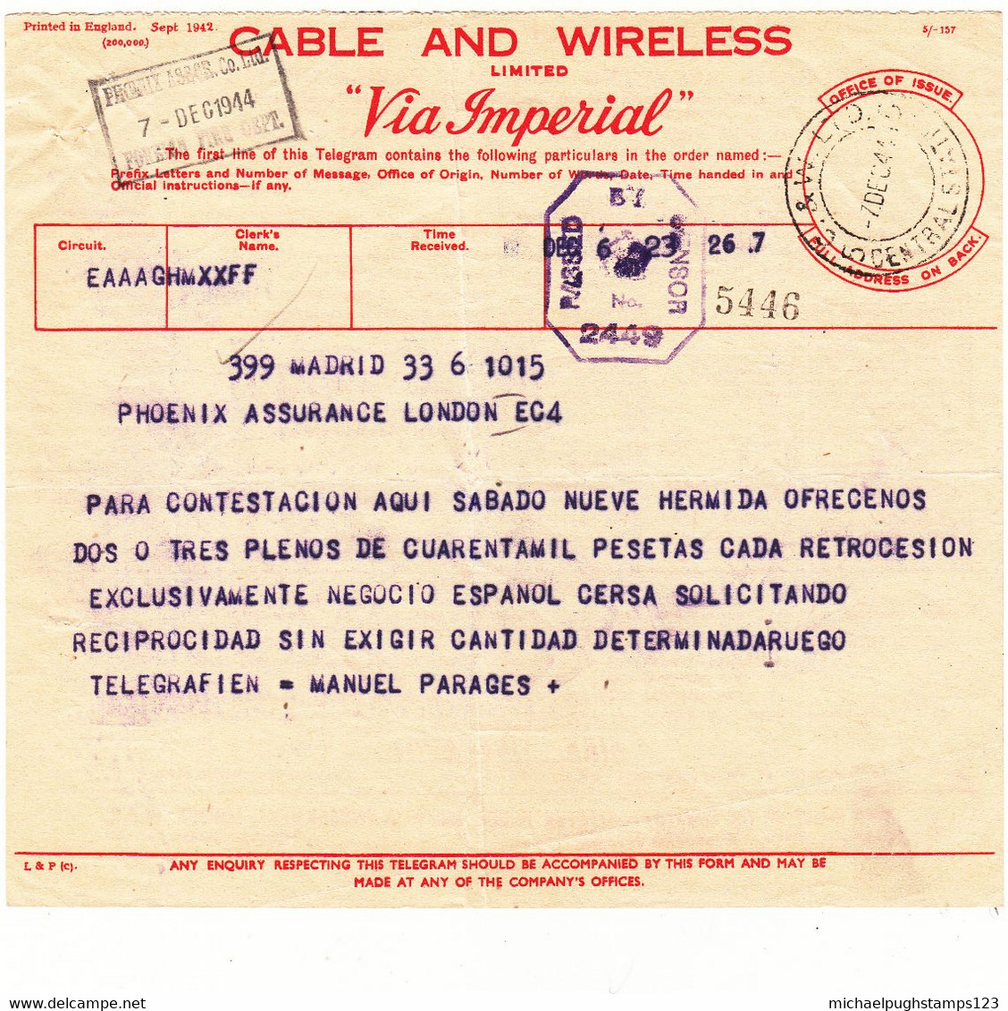 G.B. / Telegrams / Censorship / Cable + Wireless / Insurance - Ohne Zuordnung