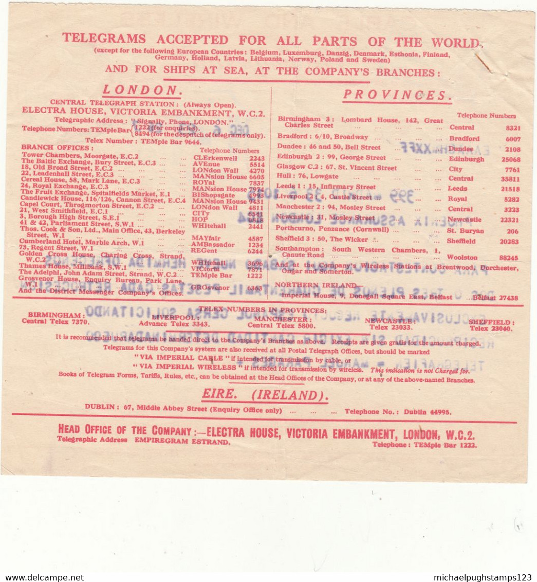 G.B. / Telegrams / Censorship / Cable + Wireless / Insurance - Unclassified