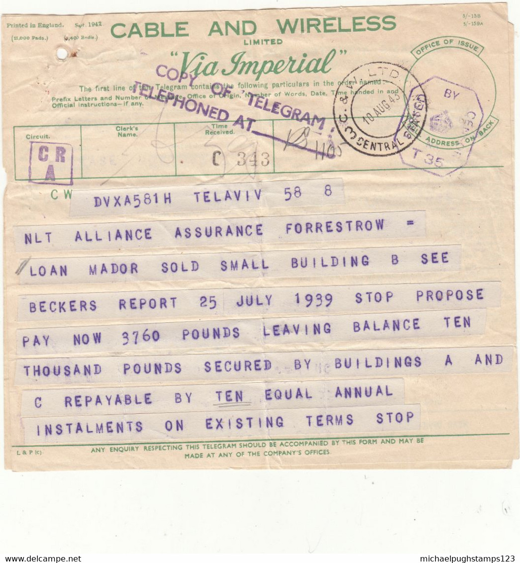 G.B. / Telegrams / Censorship / Cable + Wireless / Insurance / Palestine - Zonder Classificatie