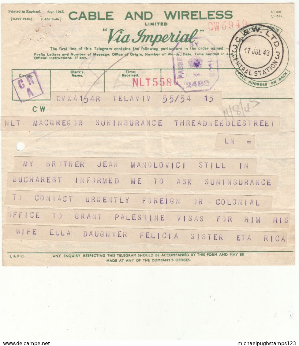 G.B. / Telegrams / Censorship / Cable + Wireless / Insurance / Judaica / Palestine - Unclassified