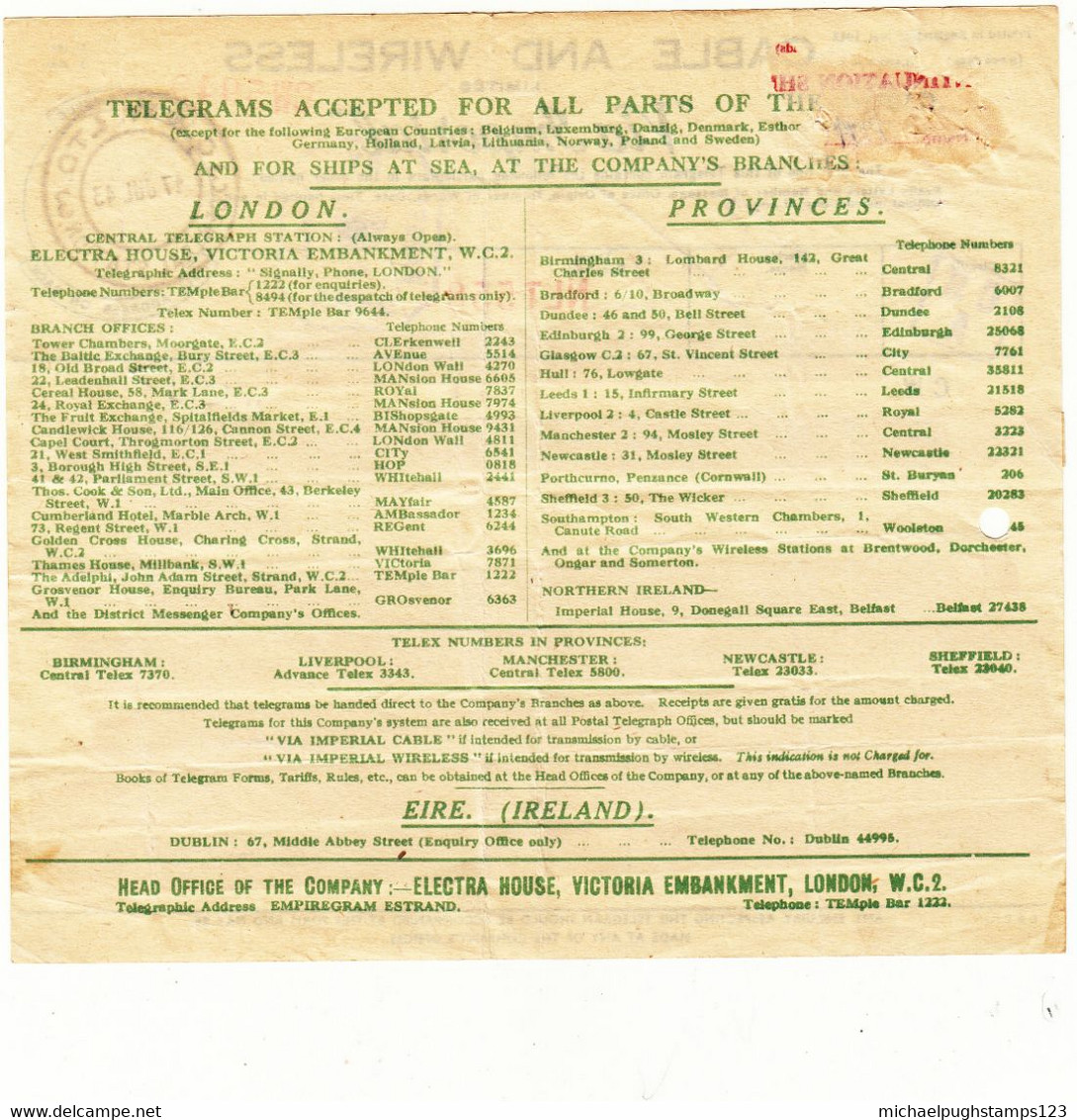 G.B. / Telegrams / Censorship / Cable + Wireless / Insurance / Judaica / Palestine - Non Classificati