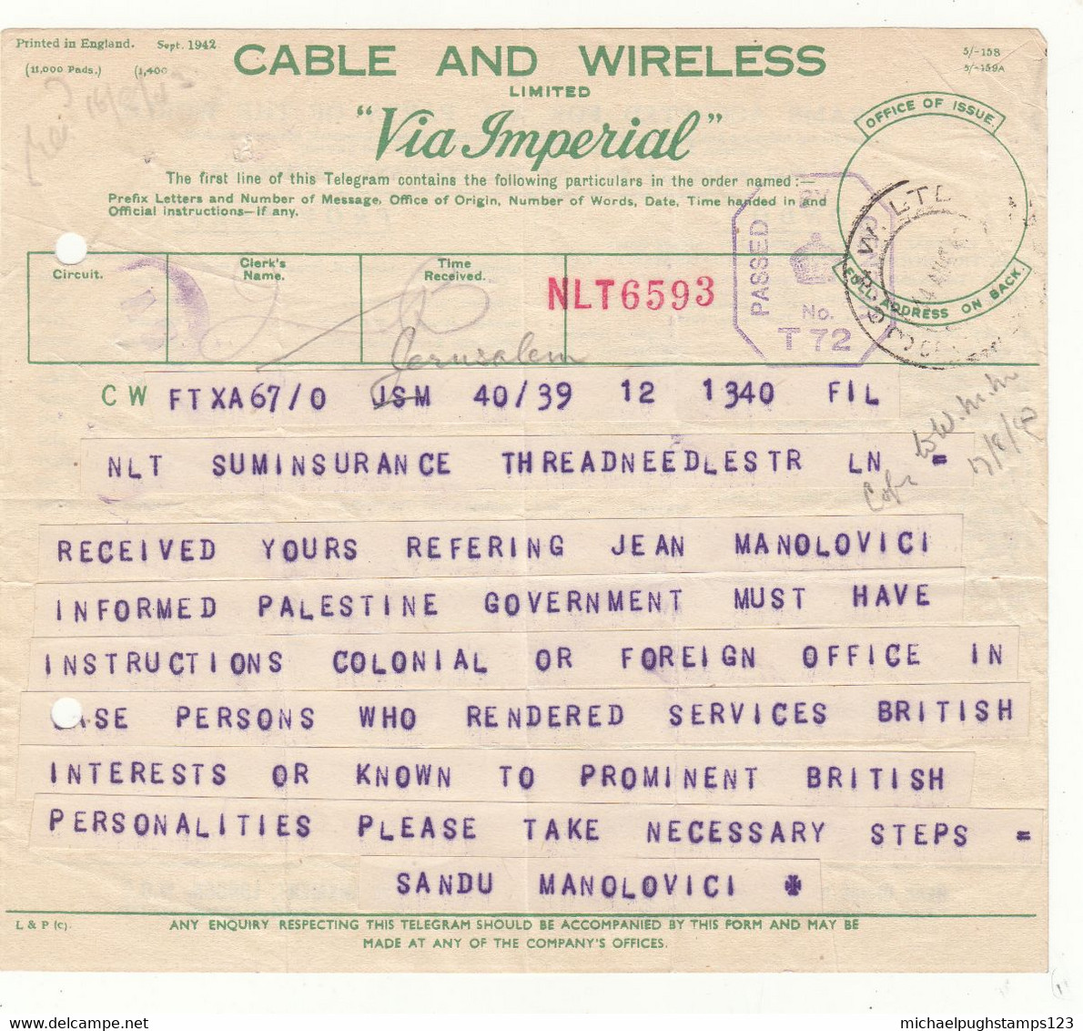 G.B. / Telegrams / Censorship / Cable + Wireless / Insurance / Judaica / Palestine - Sin Clasificación