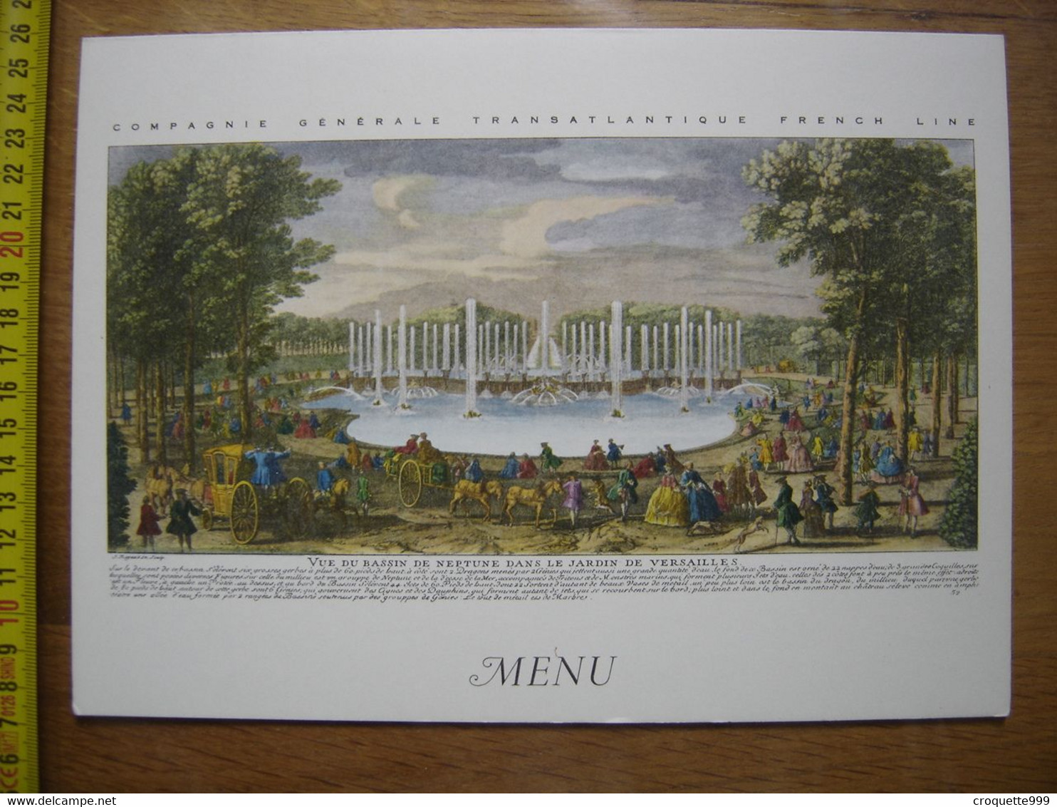 1973 MENU CGT Marine Paquebot DE GRASSE Gravure Bassin Neptune Jardin Versailles - Menus